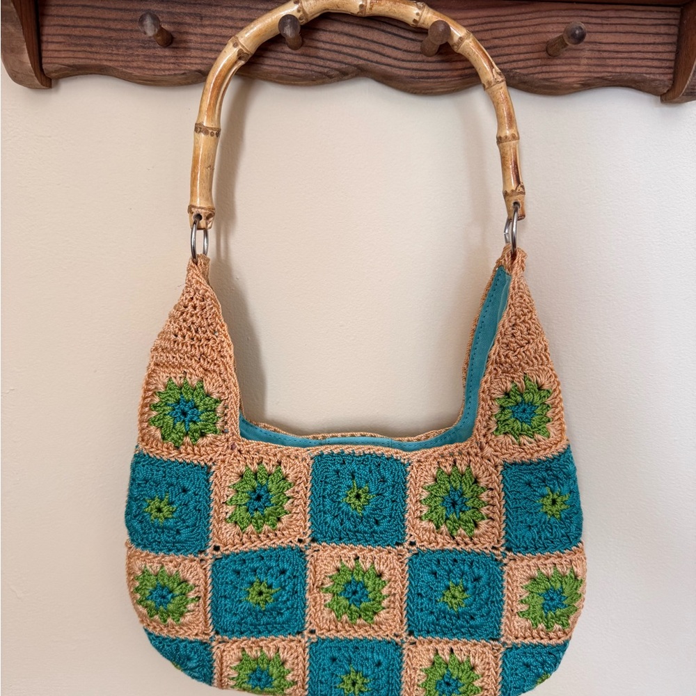Kate Landry Teal and Tan Crochet Shoulder Bag with Bamboo Handle Y2K purse